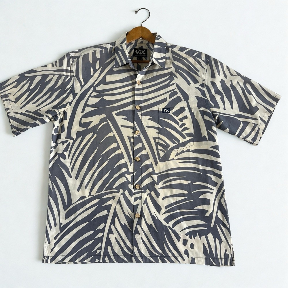 Rix Made in Hawaii Aloha Shirt Men XL Blue White Palm Leaf Cotton Button Front - Picture 2 of 4